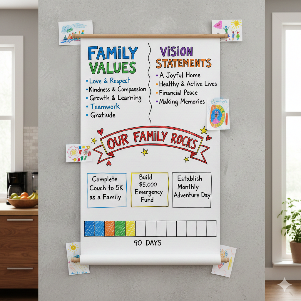 Kitchen wall displaying family values, vision statement, and quarterly rocks